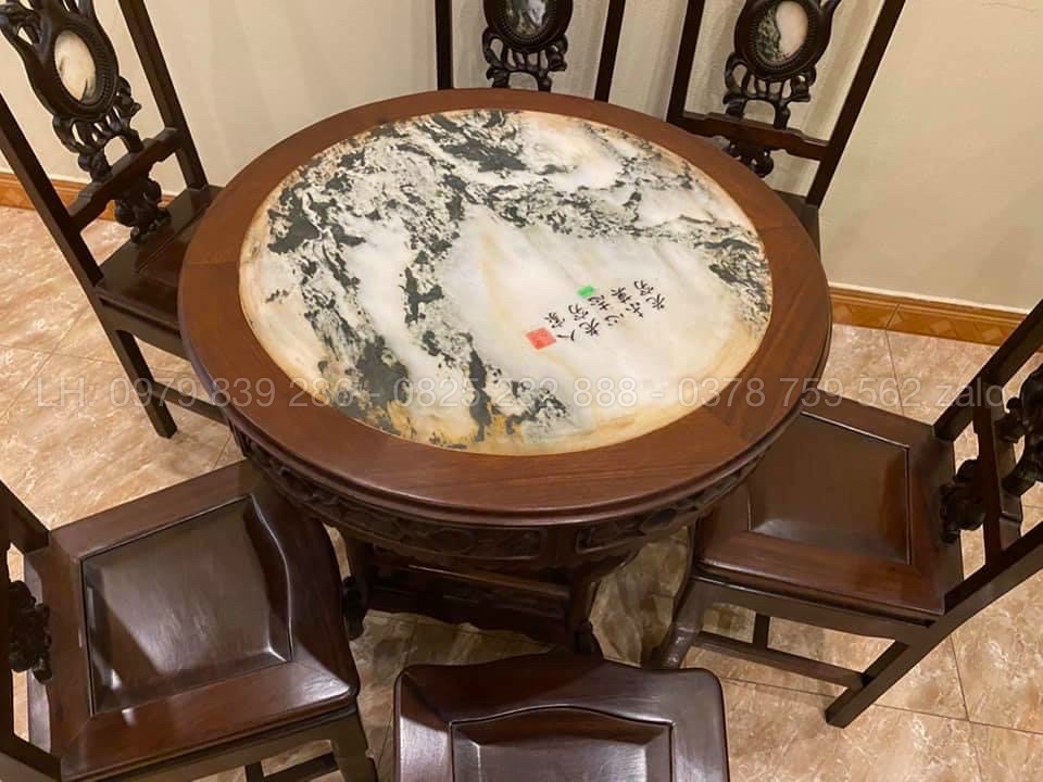 Bộ Ghế Ăn Tròn Mặt Đá Gỗ Gụ Gọn Gàng Tiện Dụng