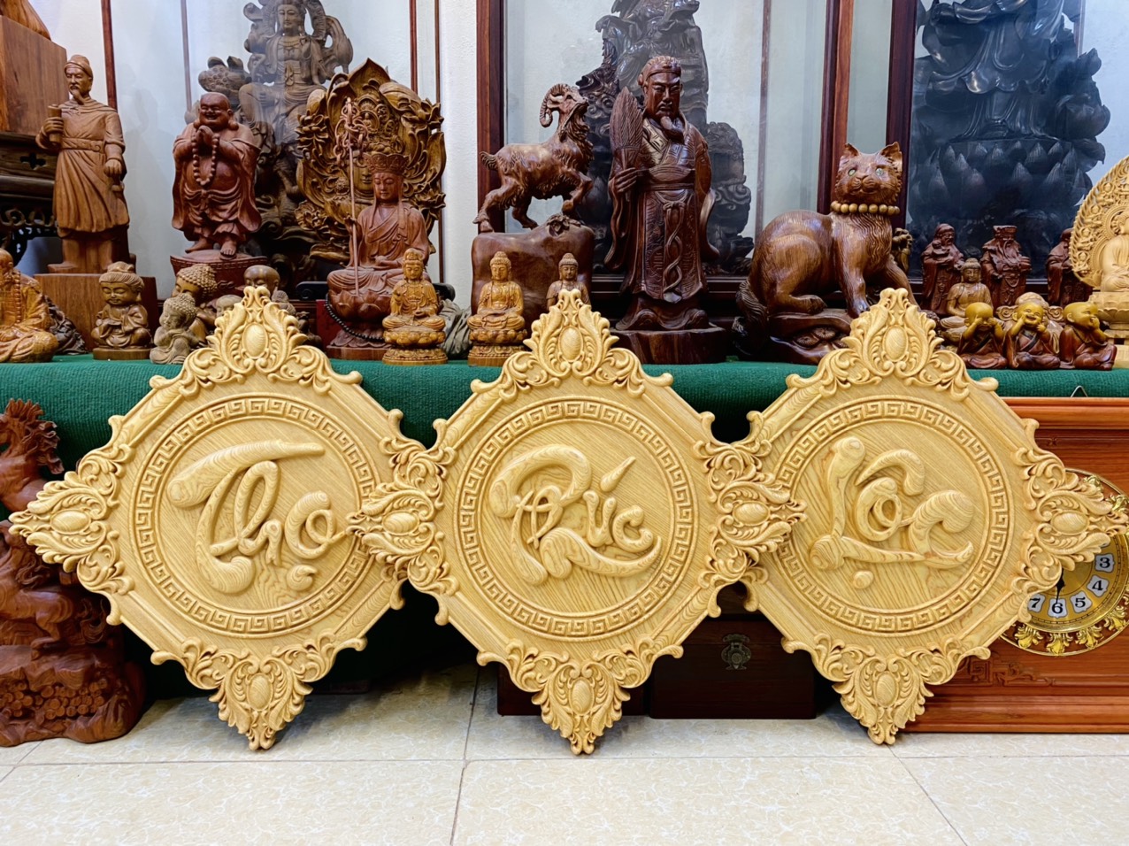 Tranh Phúc Lộc Thọ Treo Tường Gỗ Hương Đá