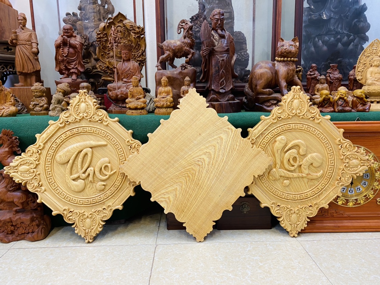 Tranh Phúc Lộc Thọ Treo Tường Gỗ Hương Đá