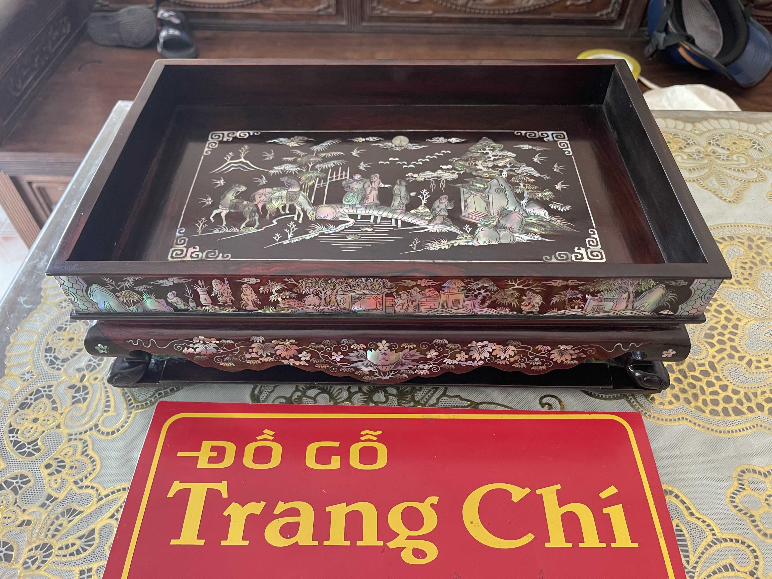 Khay Trà Khảm Tam Cố Thảo Lư Gỗ Trắc