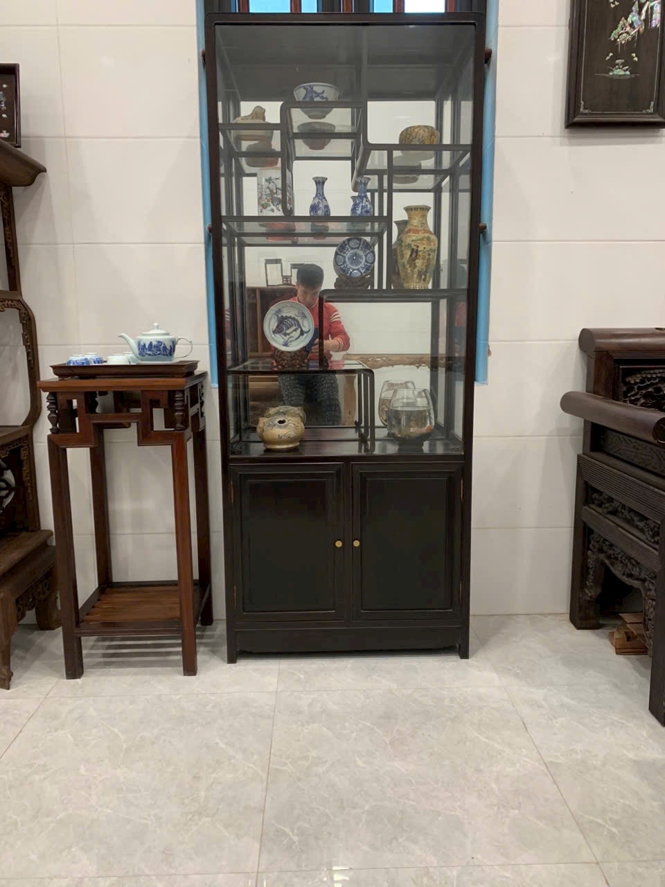 Tủ Bày Đồ Gỗ Trắc Lối Tàu Có Kính
