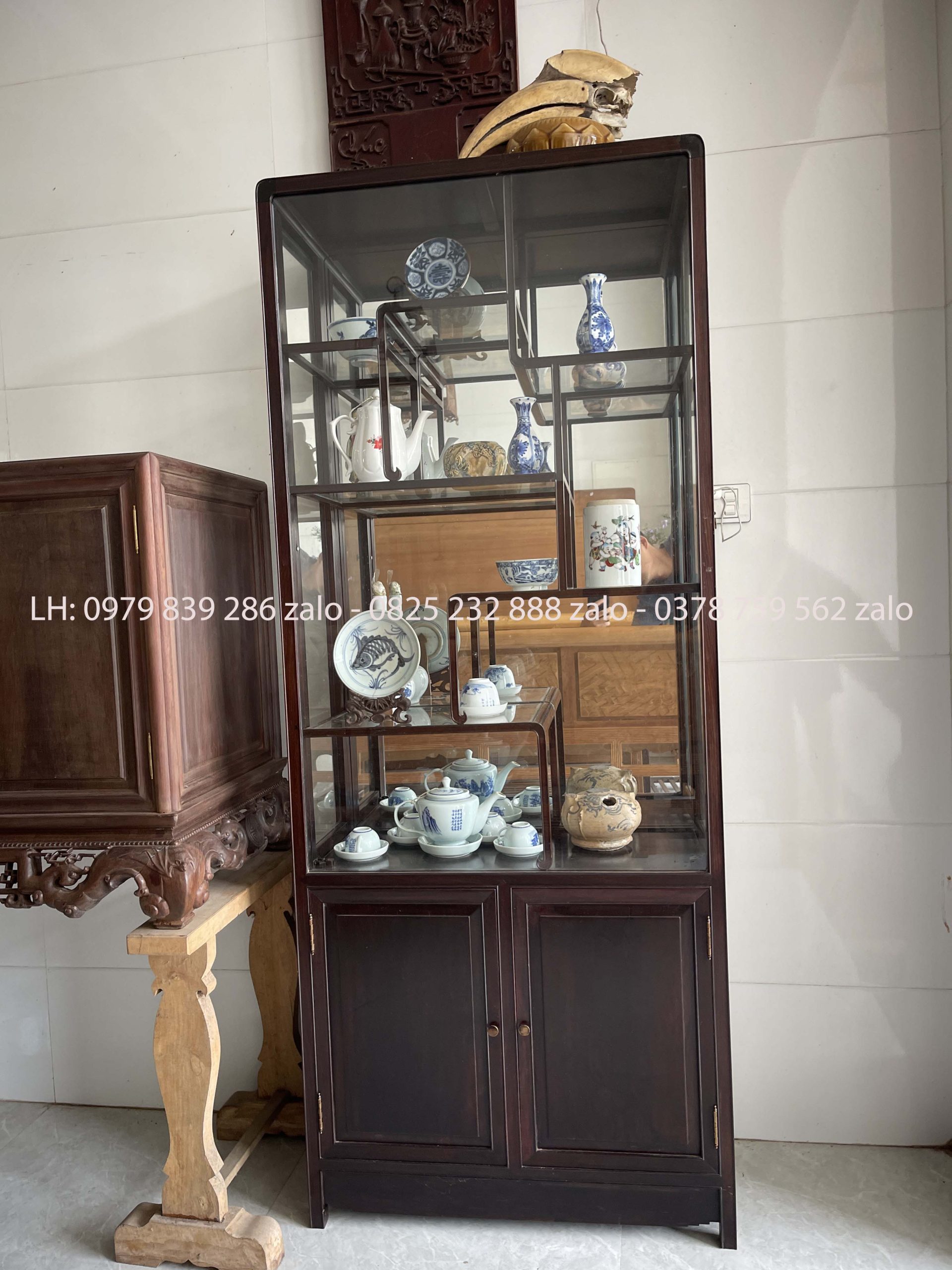 Tủ Bày Đồ Gỗ Trắc Lối Tàu Có Kính
