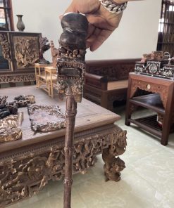 gậy batoong gỗ gụ đục chạm đầu rồng thân trúc
