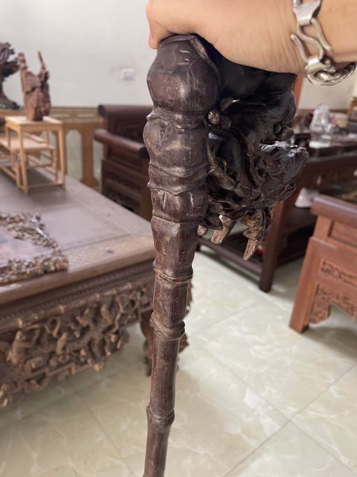 gậy batoong gỗ gụ đục chạm đầu rồng thân trúc