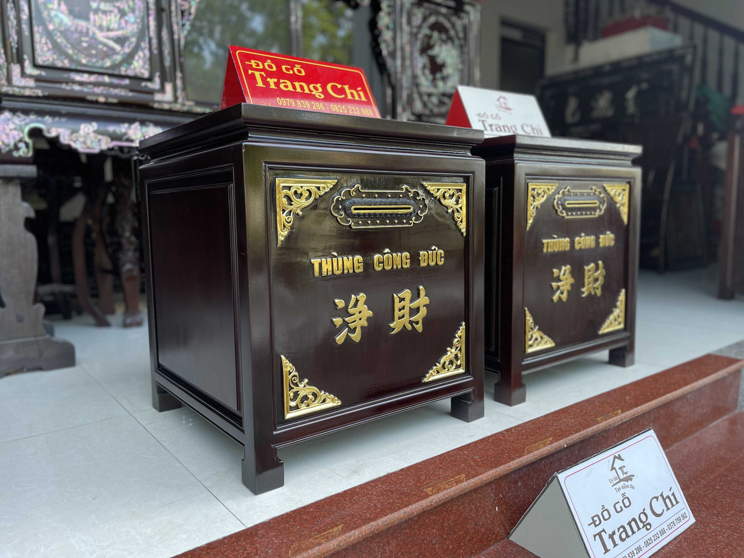Mẫu Thùng Công Đức Gỗ Gụ Sơn Thiếc