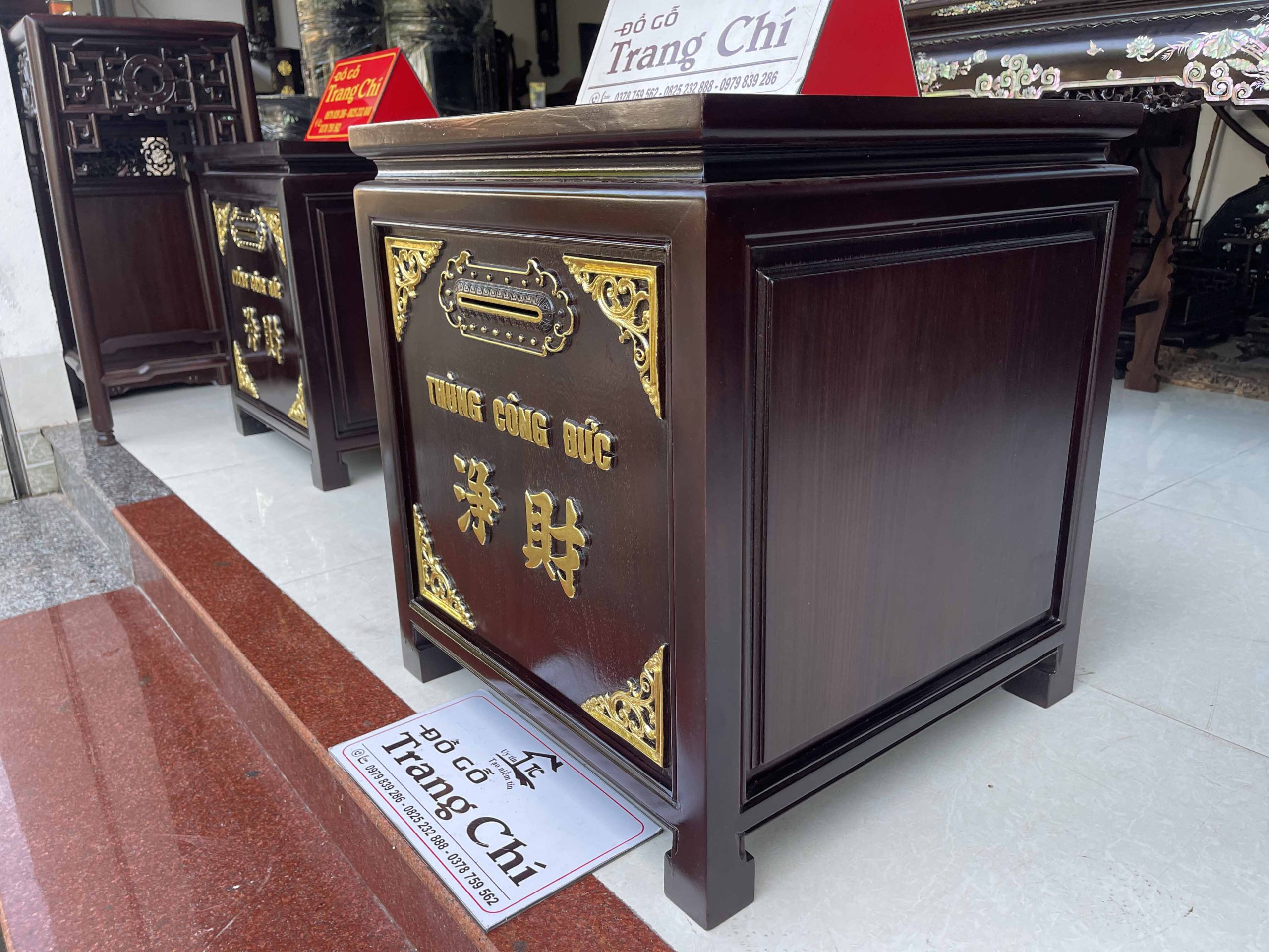 Mẫu Thùng Công Đức Gỗ Gụ Sơn Thiếc