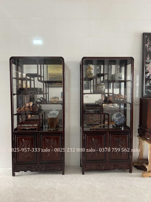 Cặp Tủ Bày Đồ Gỗ Gụ Có Kính Và Ngăn Đựng Đồ