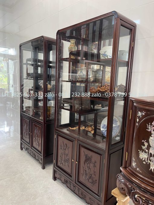 Cặp Tủ Bày Đồ Gỗ Gụ Có Kính Và Ngăn Đựng Đồ