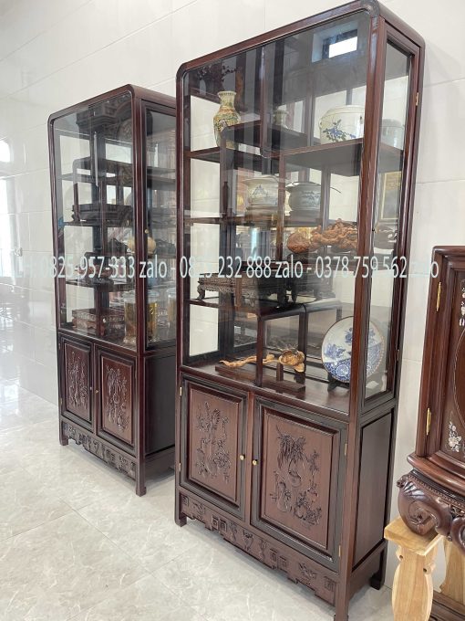 Cặp Tủ Bày Đồ Gỗ Gụ Có Kính Và Ngăn Đựng Đồ