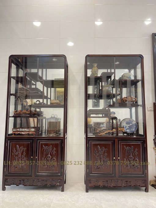 Cặp Tủ Bày Đồ Gỗ Gụ Có Kính Và Ngăn Đựng Đồ