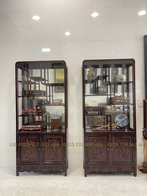 Cặp Tủ Bày Đồ Gỗ Gụ Có Kính Và Ngăn Đựng Đồ