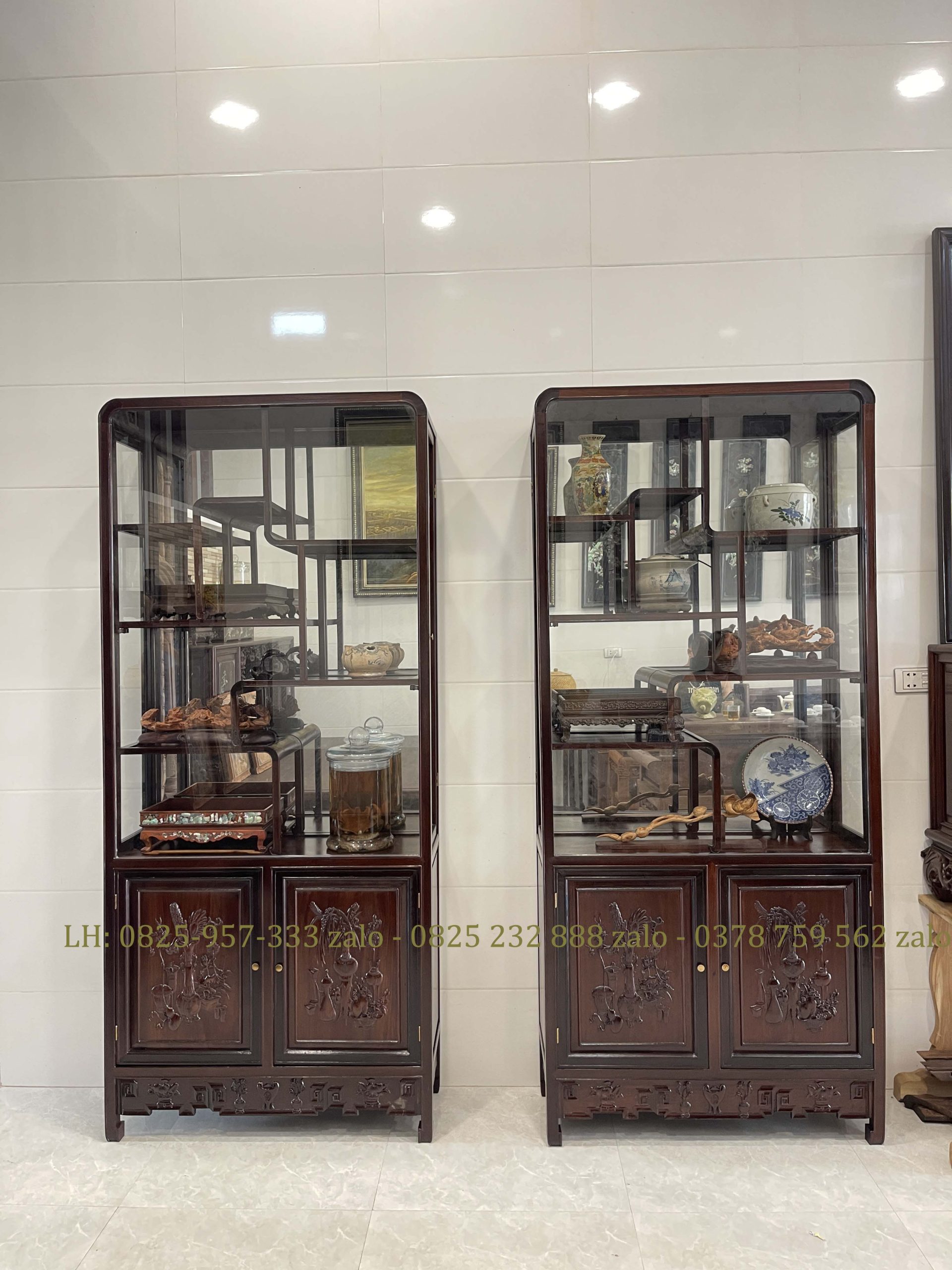 Cặp Tủ Bày Đồ Gỗ Gụ Có Kính Và Ngăn Đựng Đồ