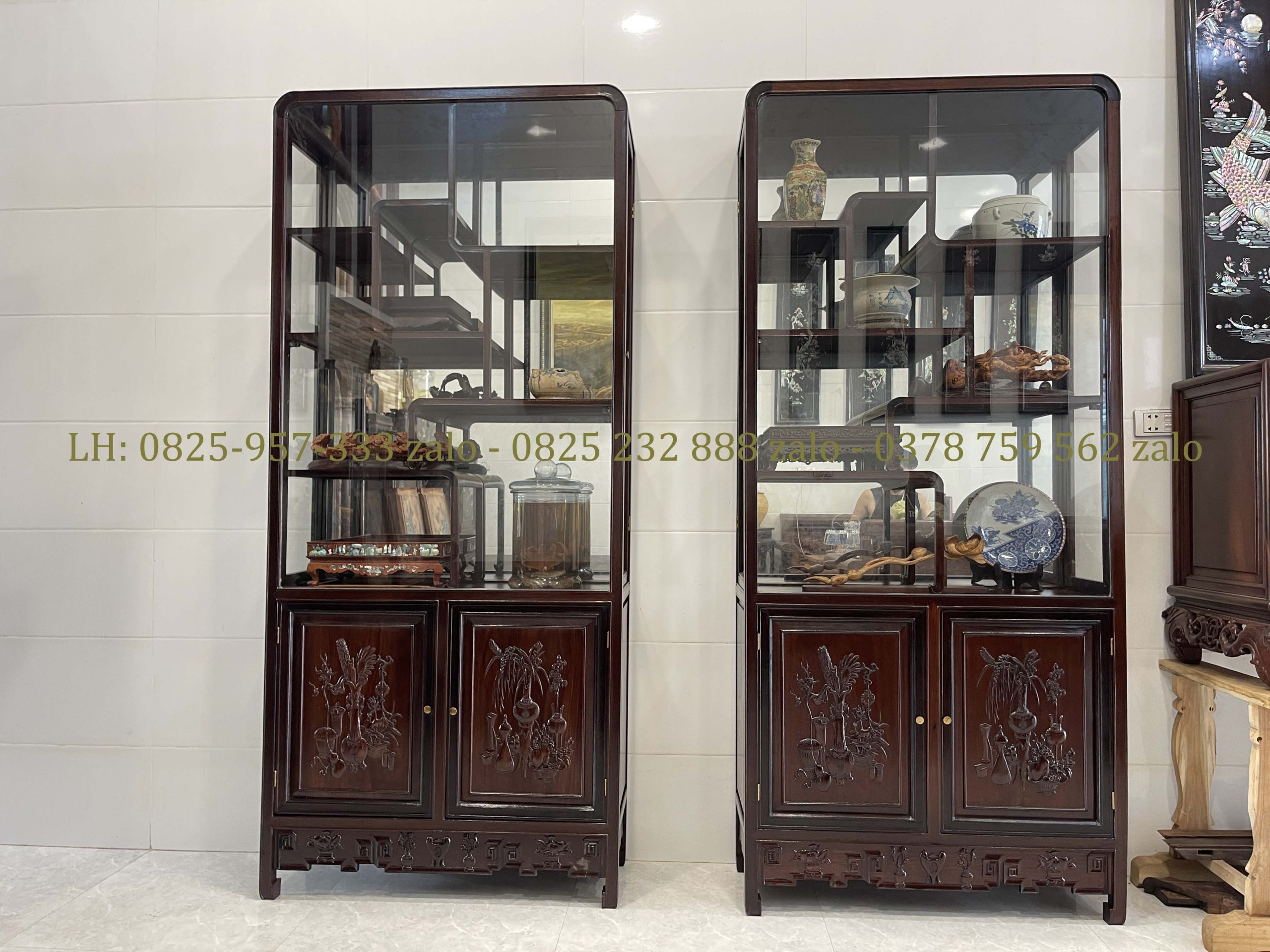 Cặp Tủ Bày Đồ Gỗ Gụ Có Kính Và Ngăn Đựng Đồ