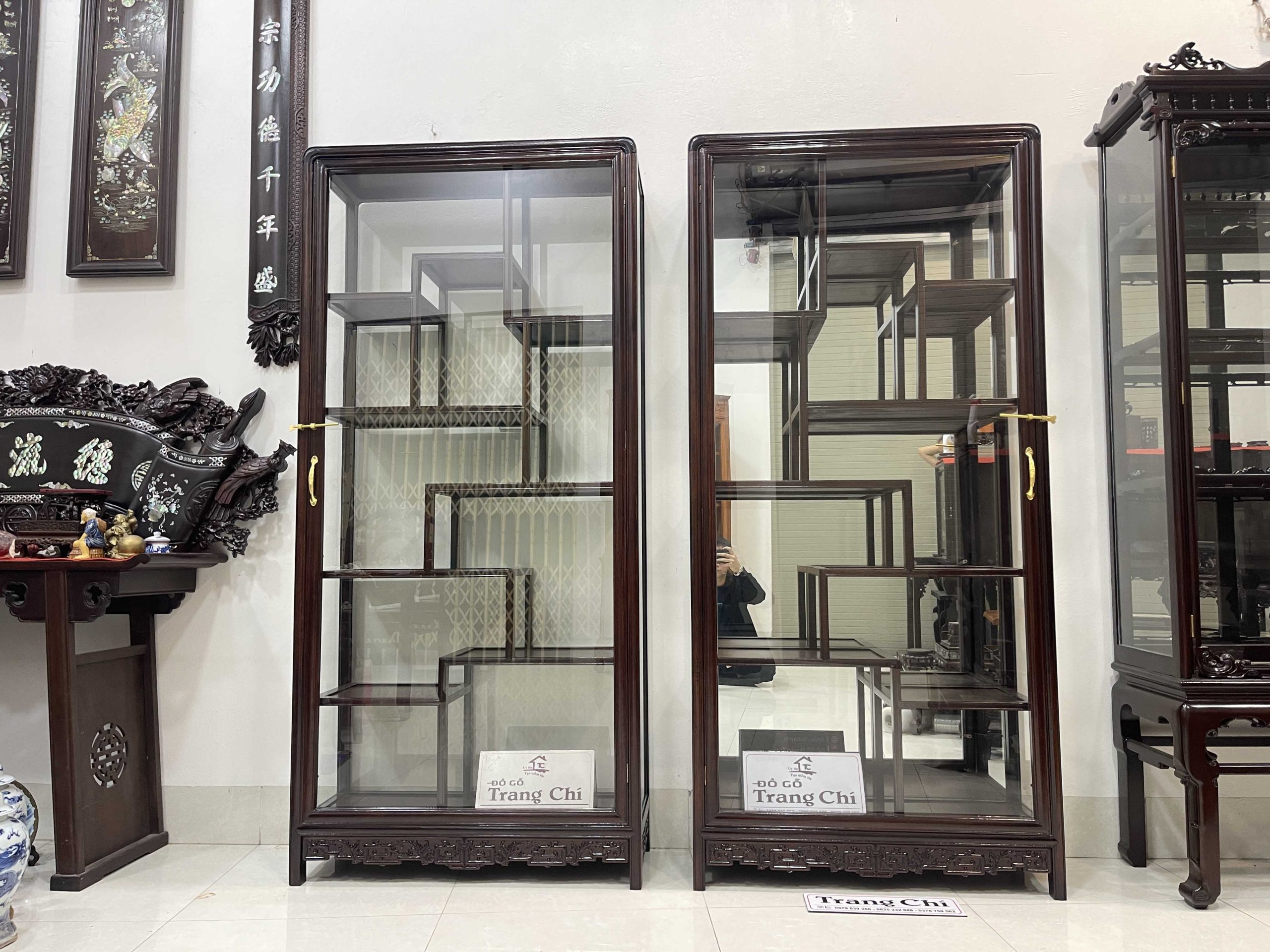 Tủ Bày Đồ Gỗ Gụ Kính 4 Mặt