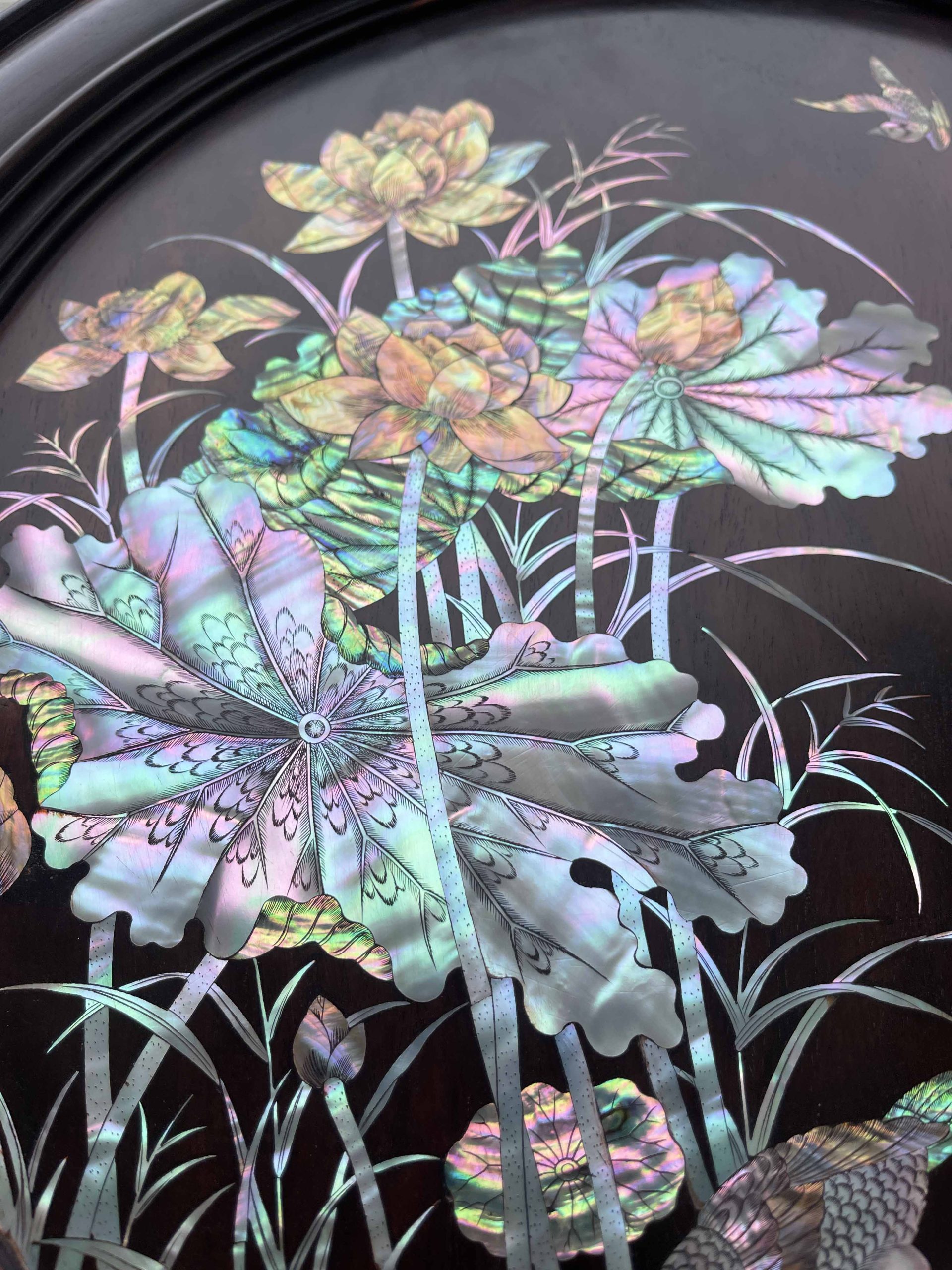 Bộ Đĩa Khảm Sen Vịt Gỗ Trắc