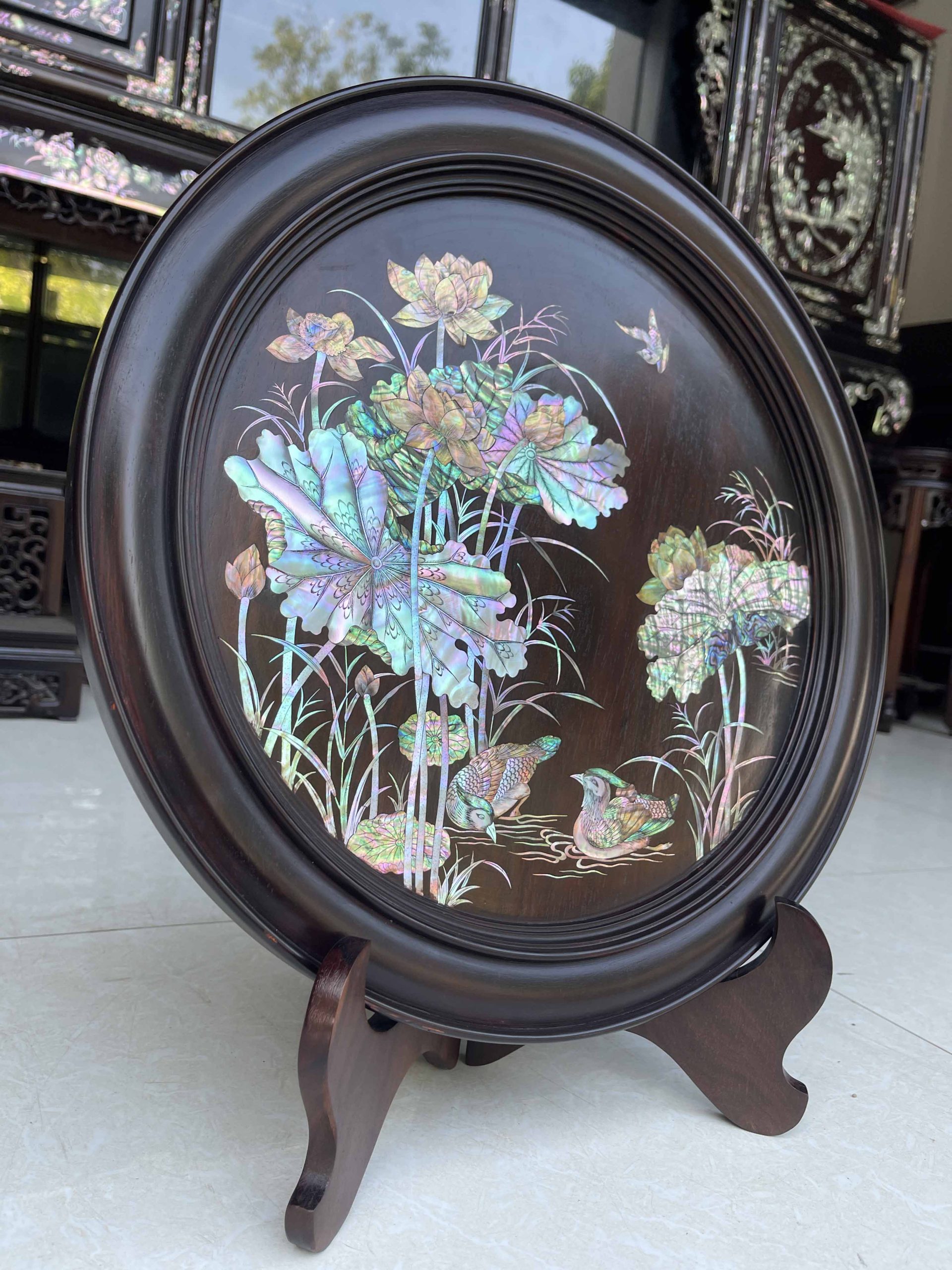 Bộ Đĩa Khảm Sen Vịt Gỗ Trắc (2) Bộ Đĩa Khảm Sen Vịt Gỗ Trắc