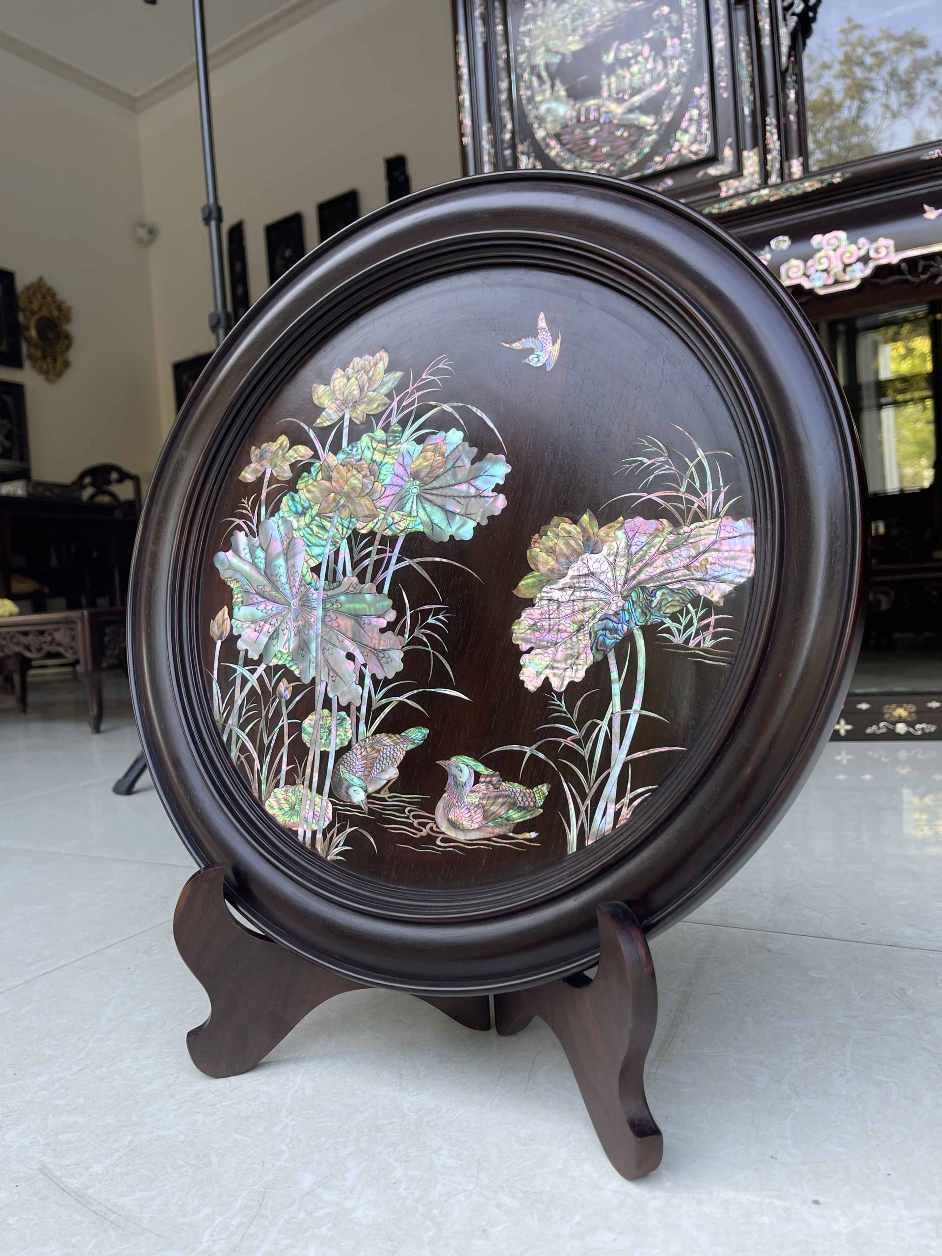 Bộ Đĩa Khảm Sen Vịt Gỗ Trắc