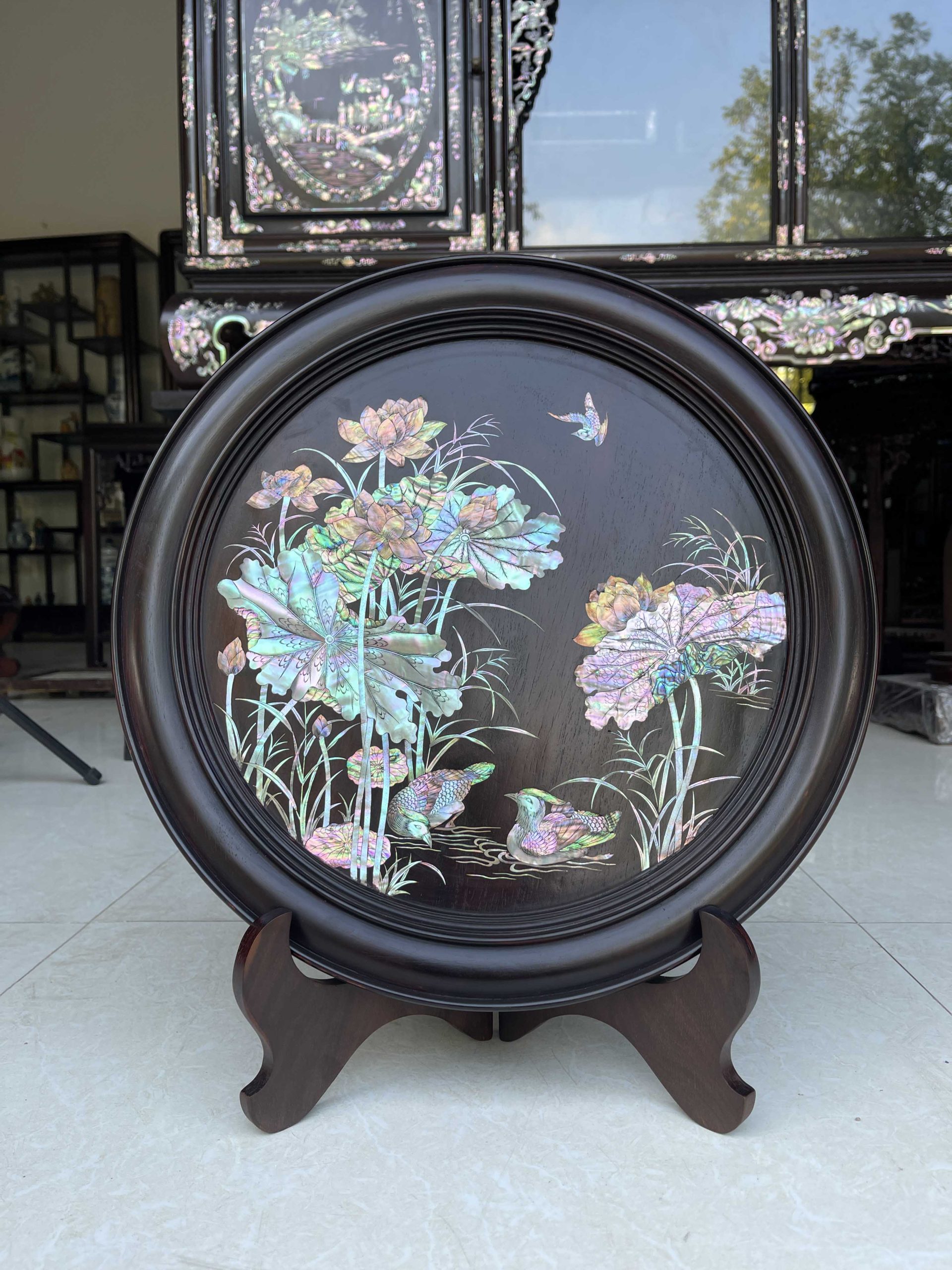 Bộ Đĩa Khảm Sen Vịt Gỗ Trắc