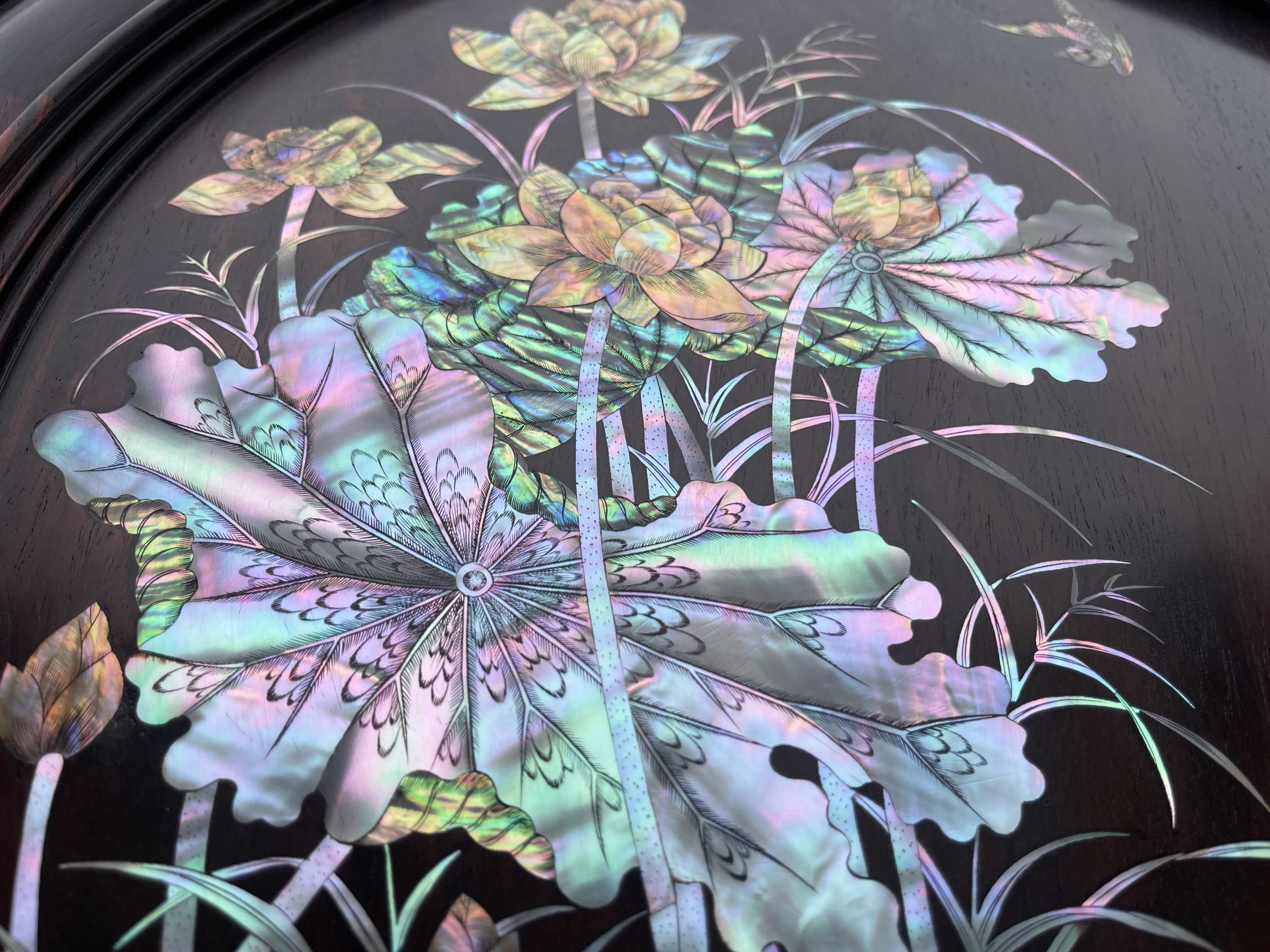 Bộ Đĩa Khảm Sen Vịt Gỗ Trắc