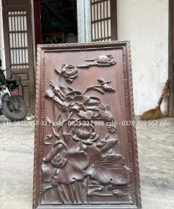 Bức Tranh Chạm Sen Cá Chép Gỗ Lim