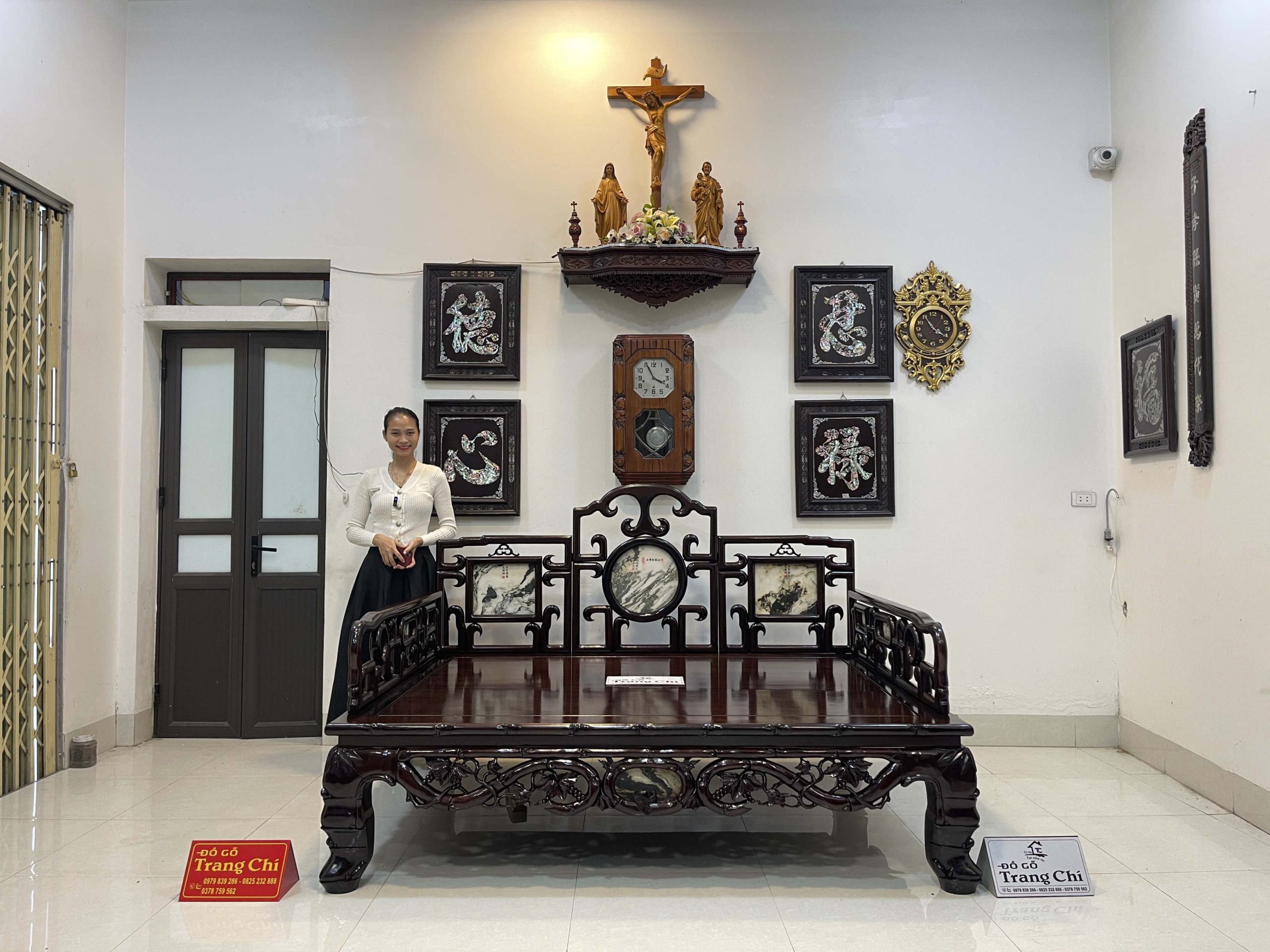 Giường Ba Thành Chạm Trúc Tựa Móc