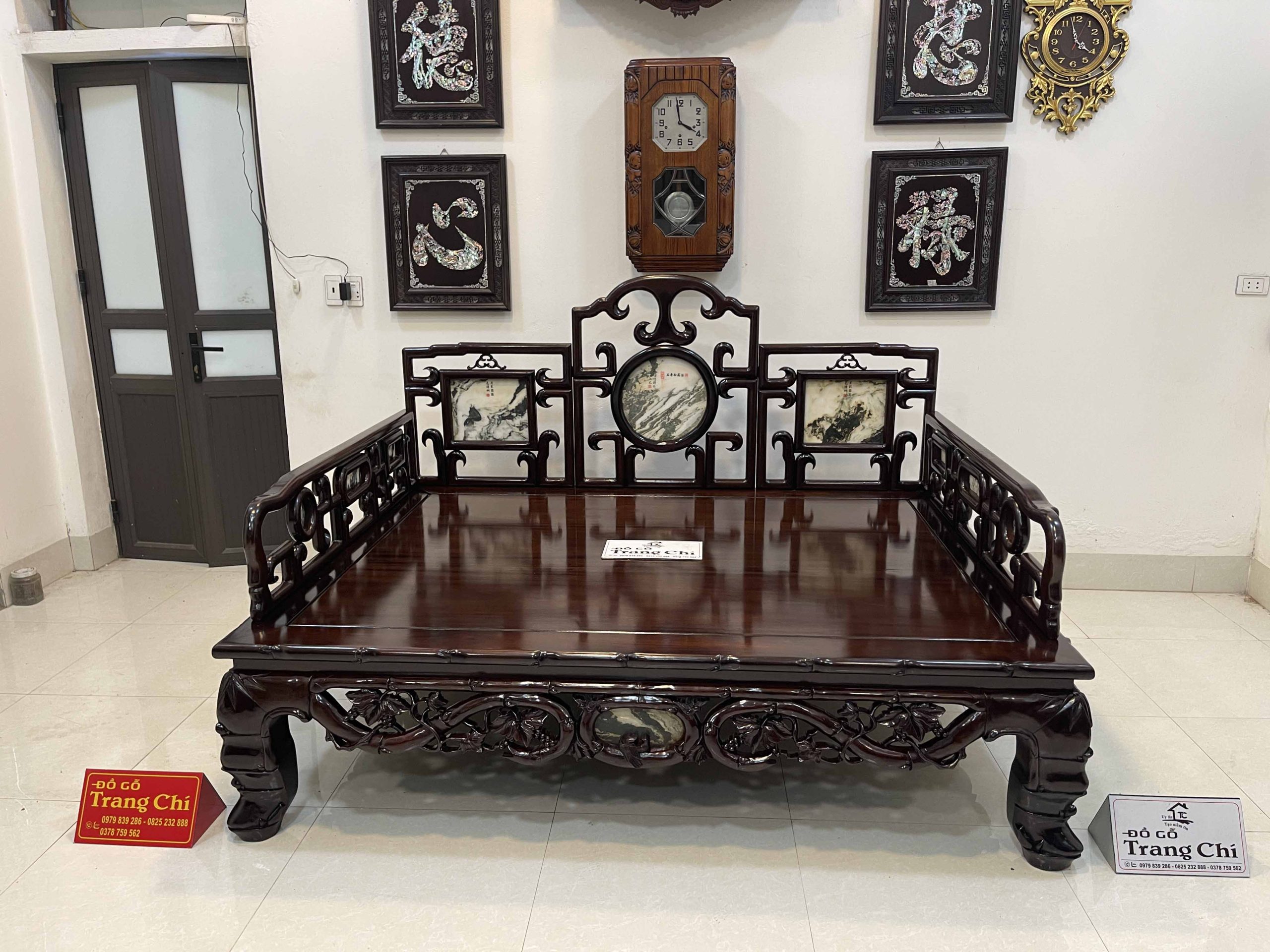 Giường Ba Thành Chạm Trúc Tựa Móc