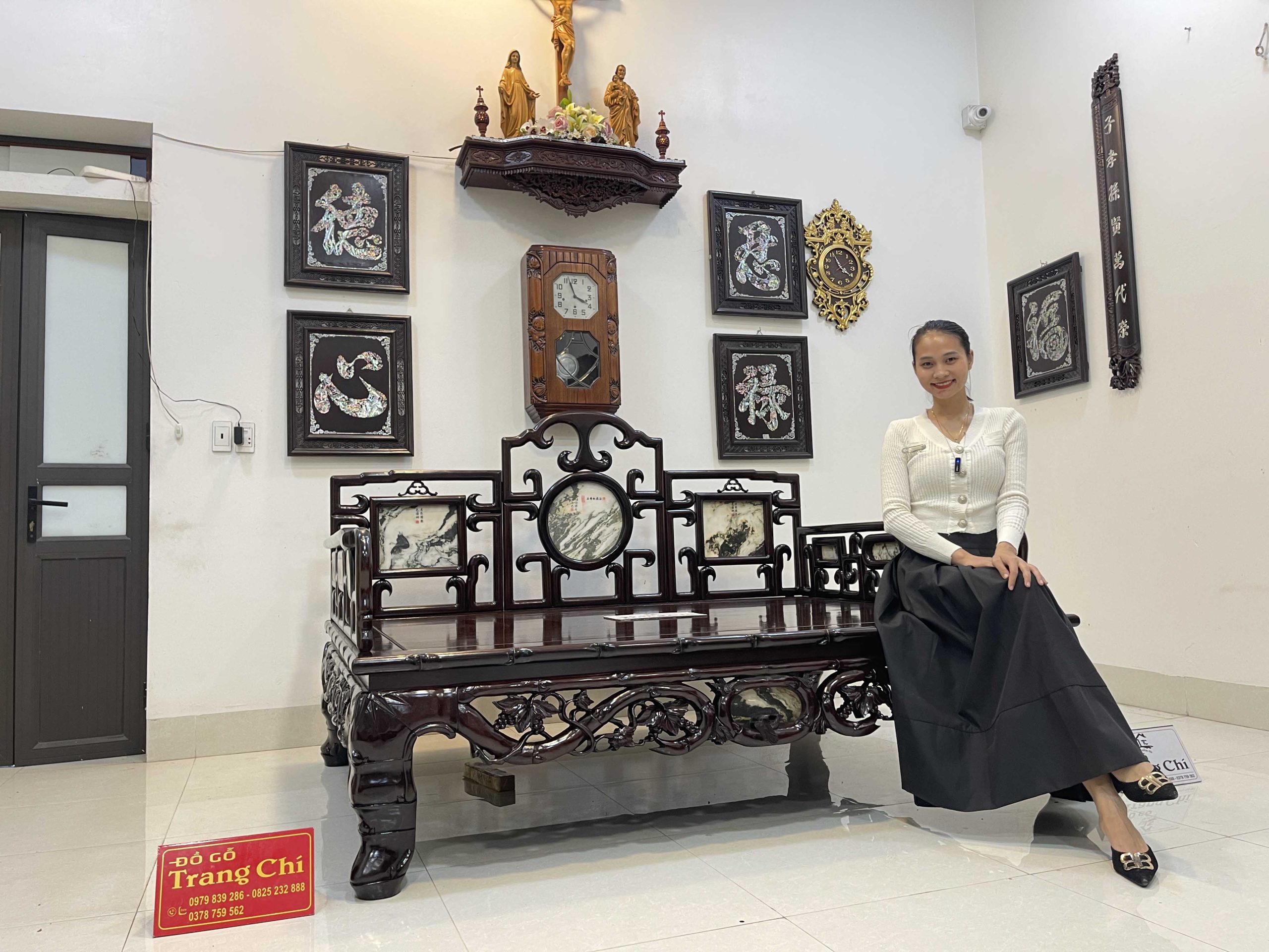 Giường Ba Thành Chạm Trúc Tựa Móc