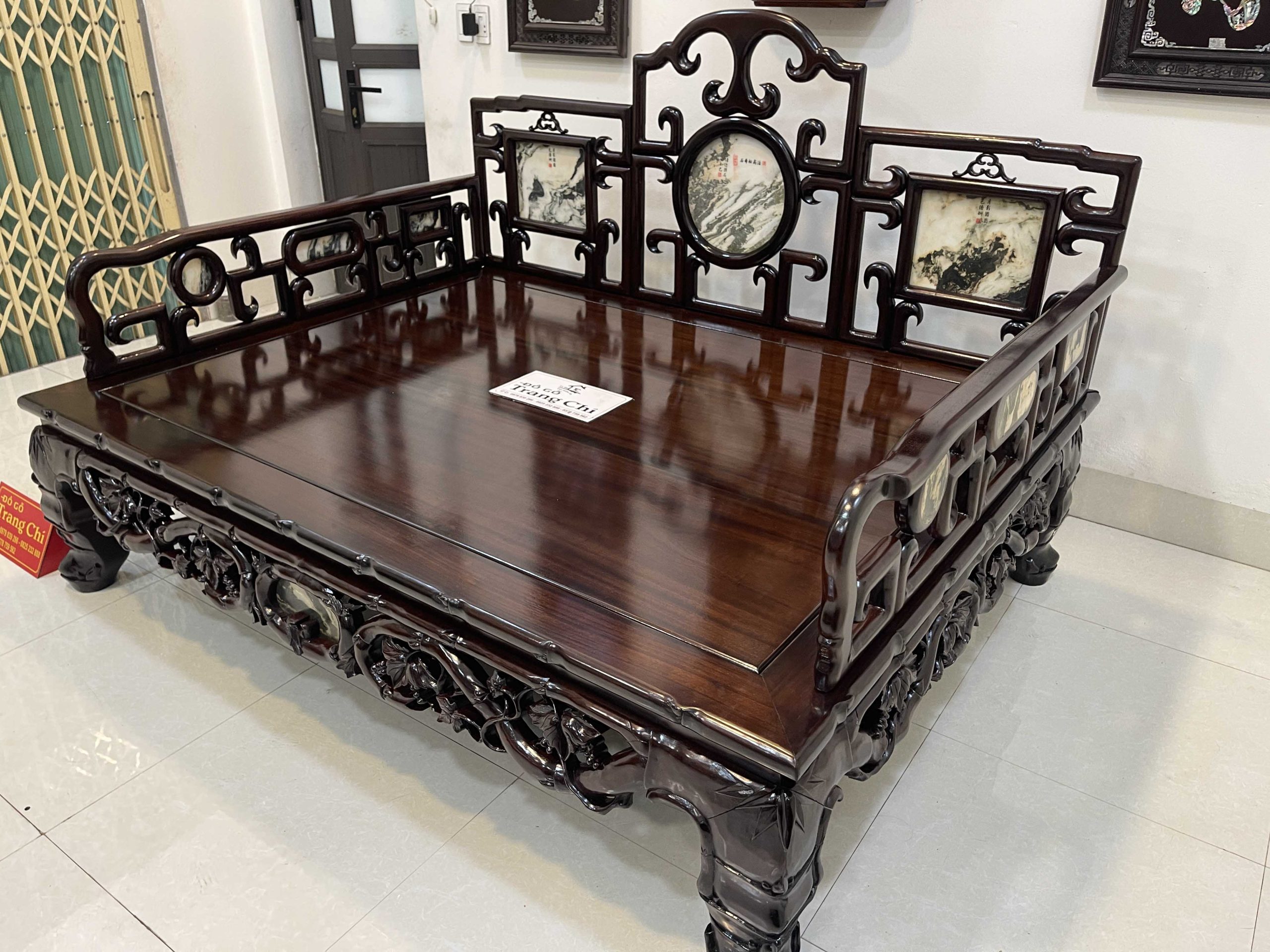 Giường Ba Thành Chạm Trúc Tựa Móc (3) Giường Ba Thành Chạm Trúc Tựa Móc