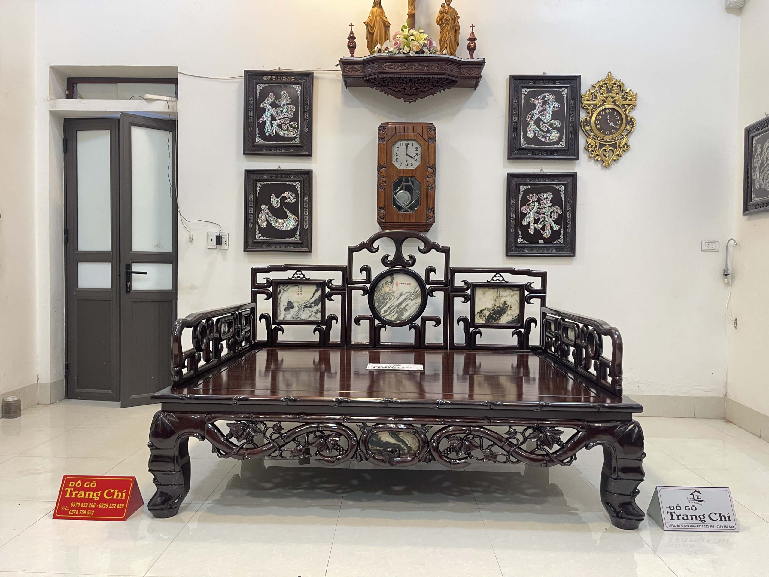 Giường Ba Thành Chạm Trúc Tựa Móc