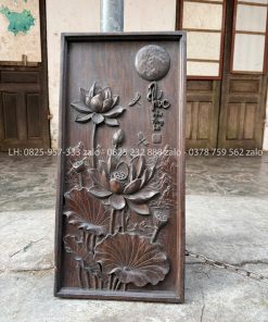Tranh Chạm Chữ Phúc Hoa Sen Gỗ Lim