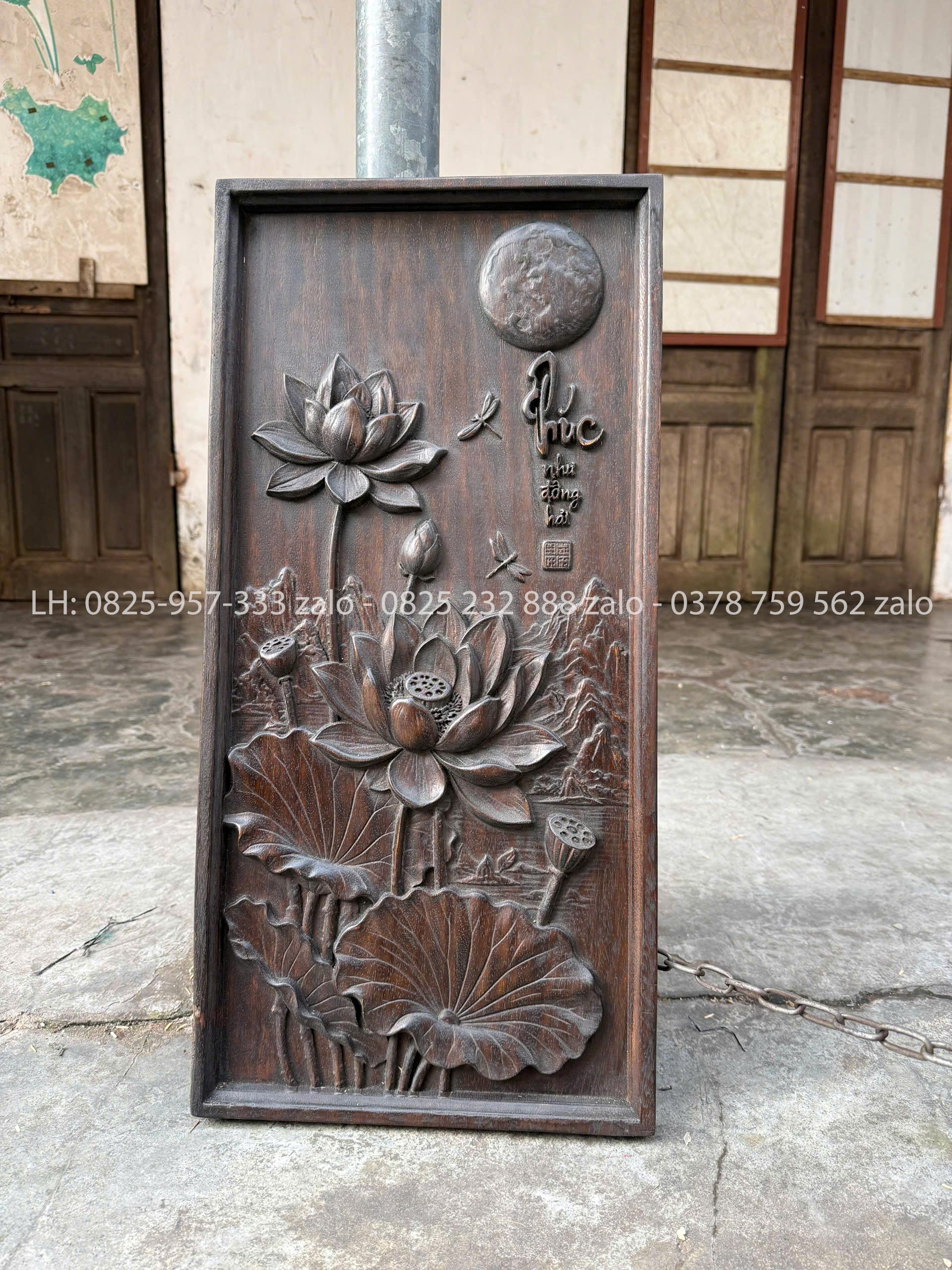 Tranh Chạm Chữ Phúc Hoa Sen Gỗ Lim