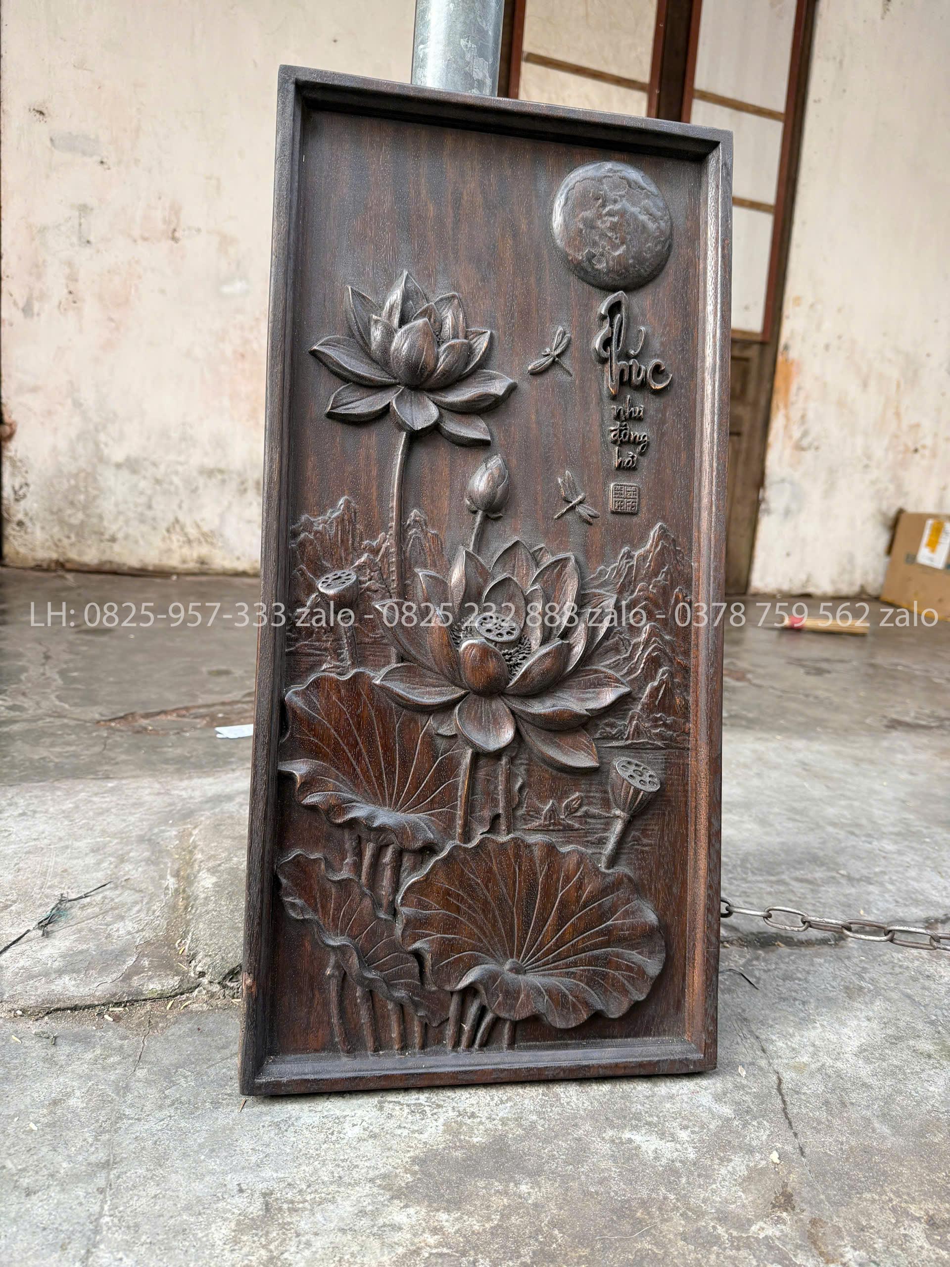 Tranh Chạm Chữ Phúc Hoa Sen Gỗ Lim