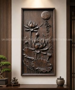 Tranh Chạm Chữ Phúc Hoa Sen Gỗ Lim