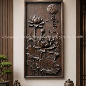 Tranh Chạm Chữ Phúc Hoa Sen Gỗ Lim