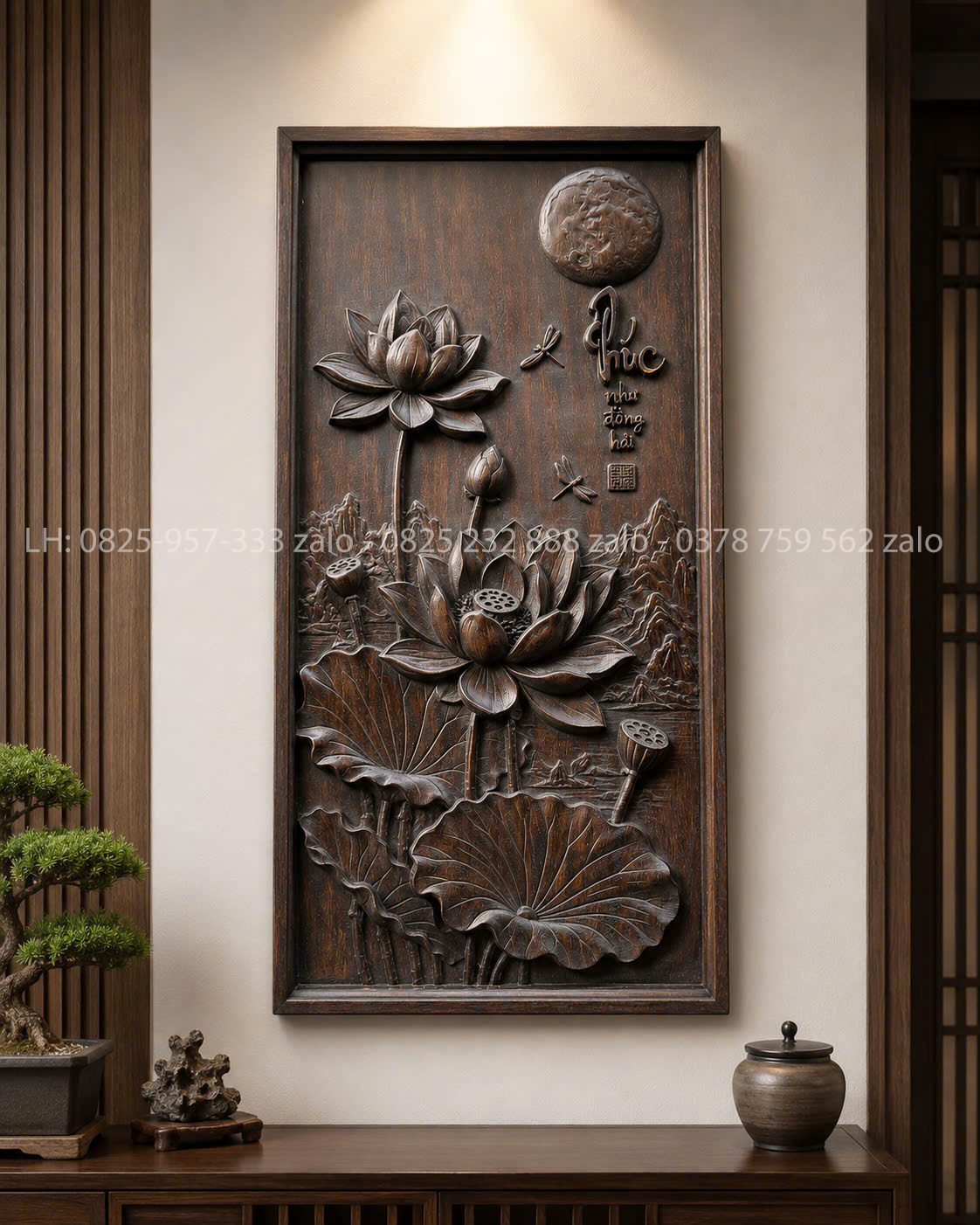 Tranh Chạm Chữ Phúc Hoa Sen Gỗ Lim
