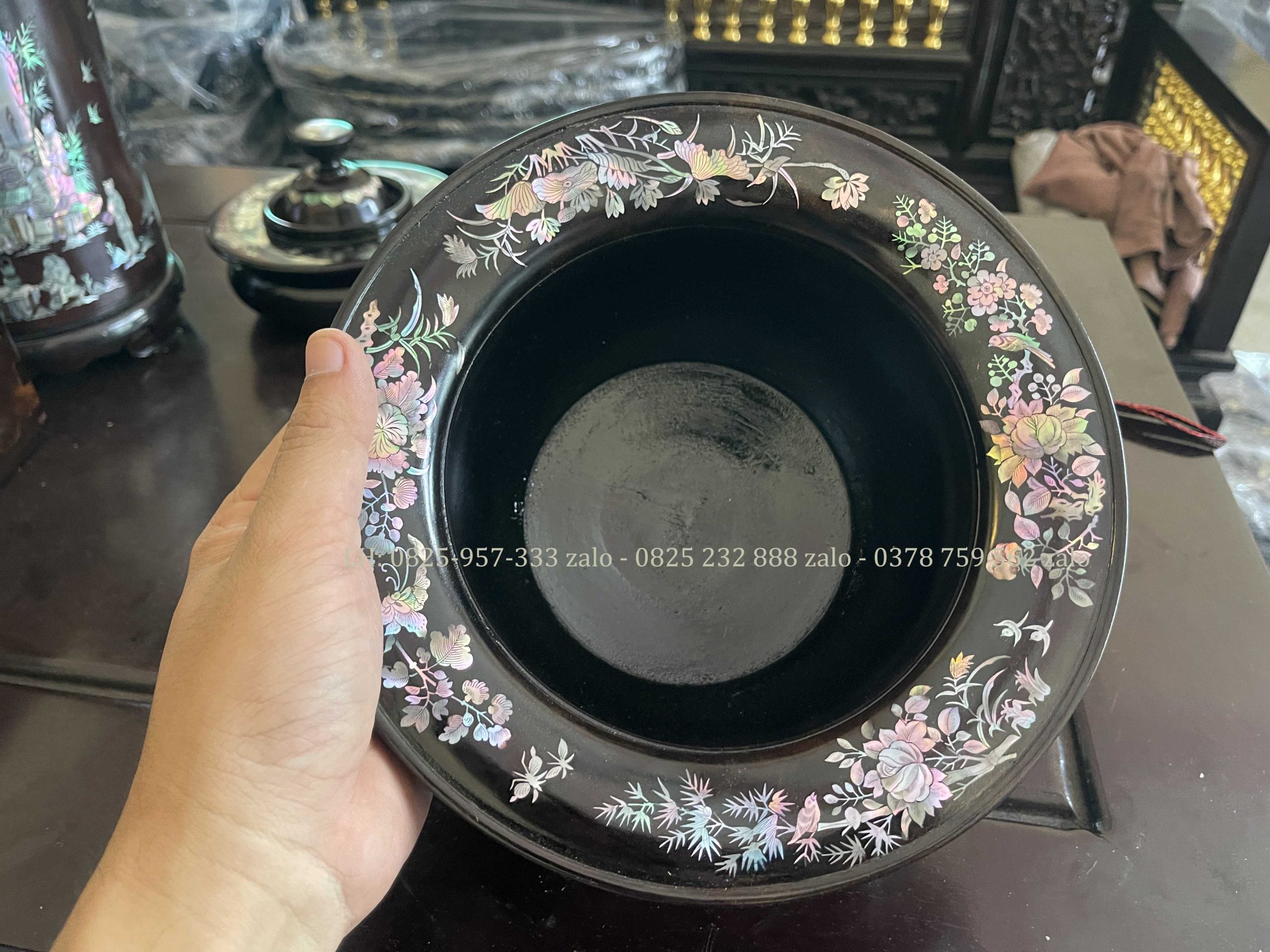 Bộ Bát Điếu Tròn Gỗ Trắc Khảm Ốc Đẹp