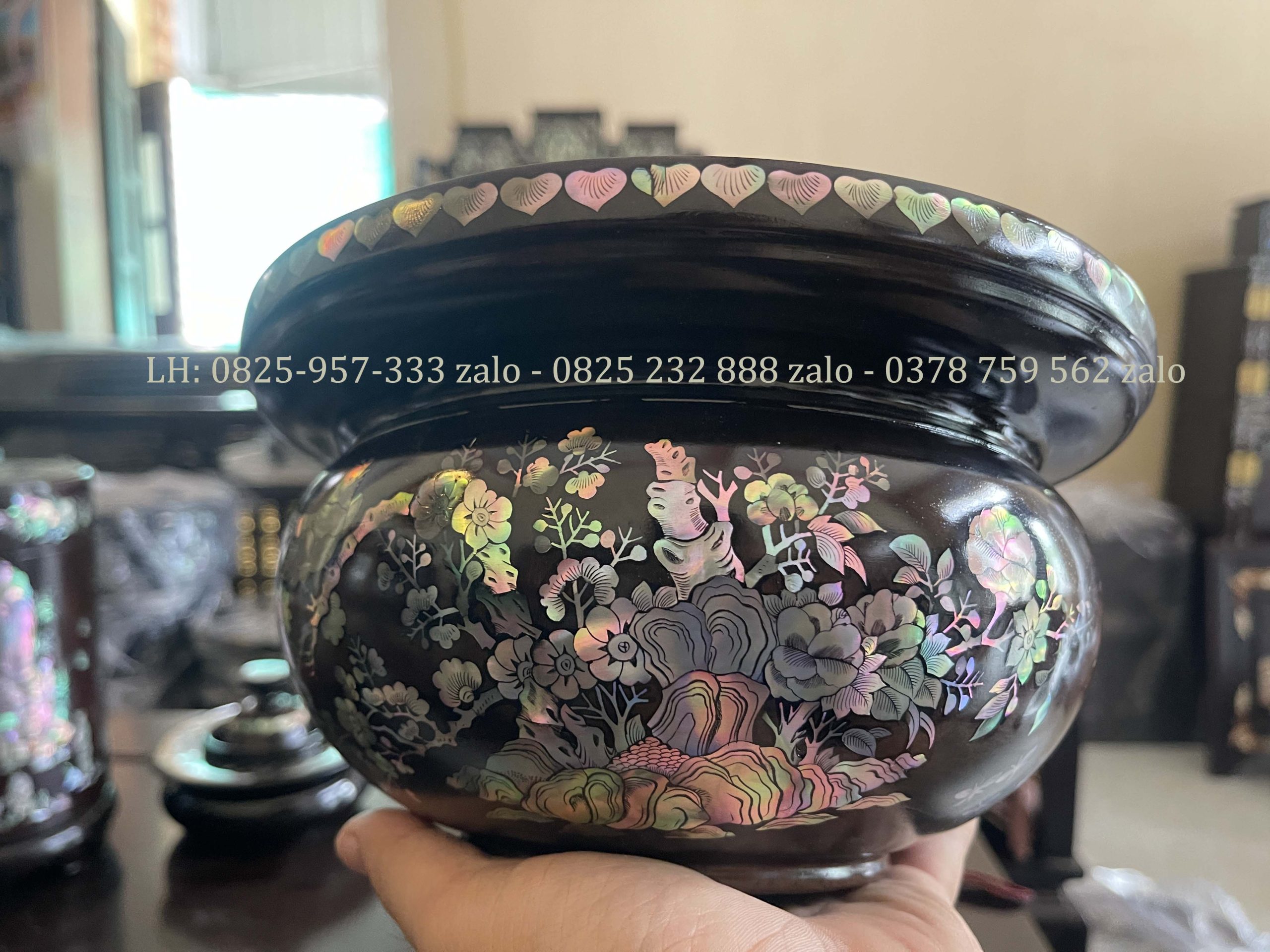 Bộ Bát Điếu Tròn Gỗ Trắc Khảm Ốc Đẹp