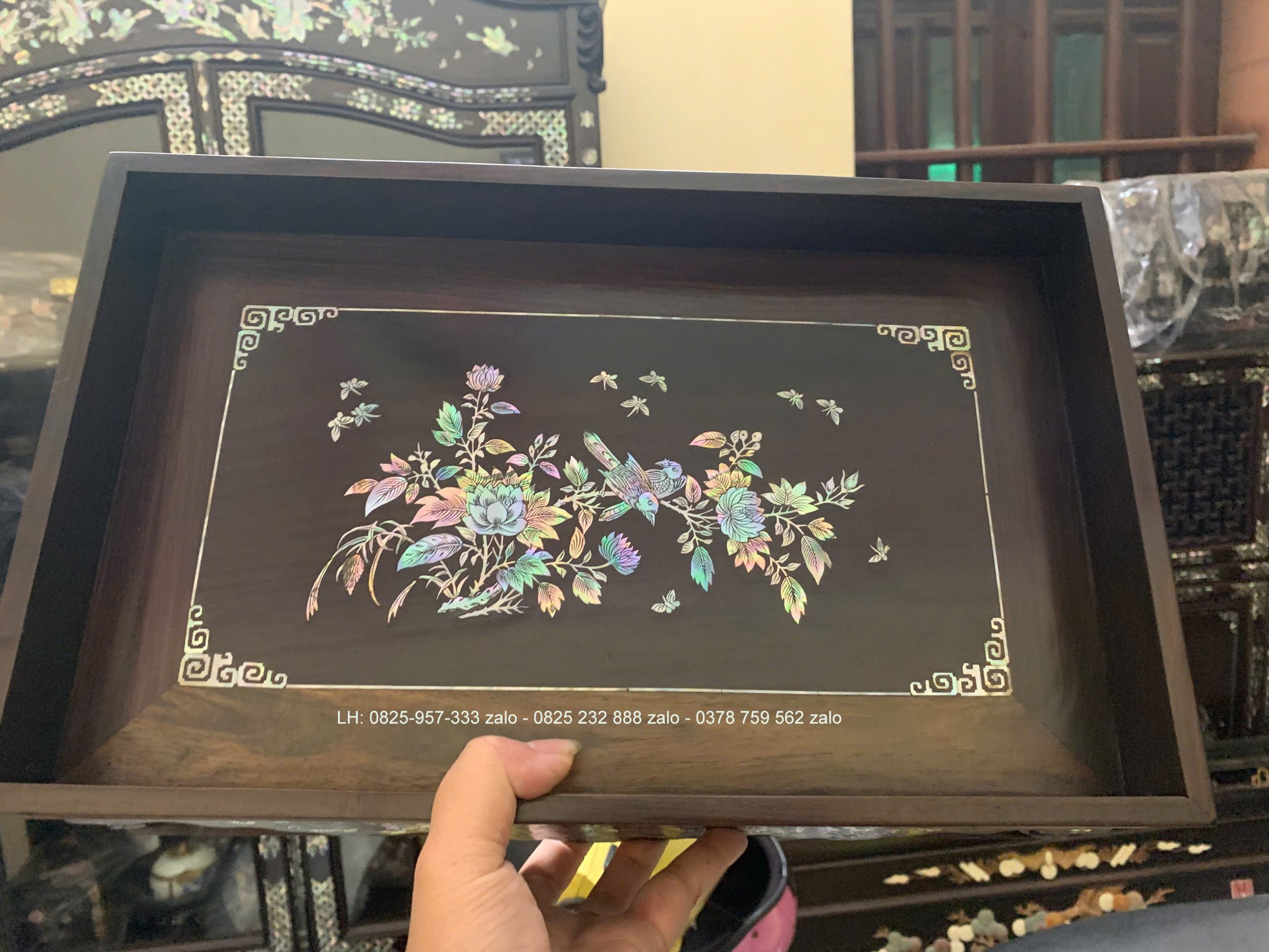 Khay Trà Gỗ Trắc Khảm Bốn Mùa