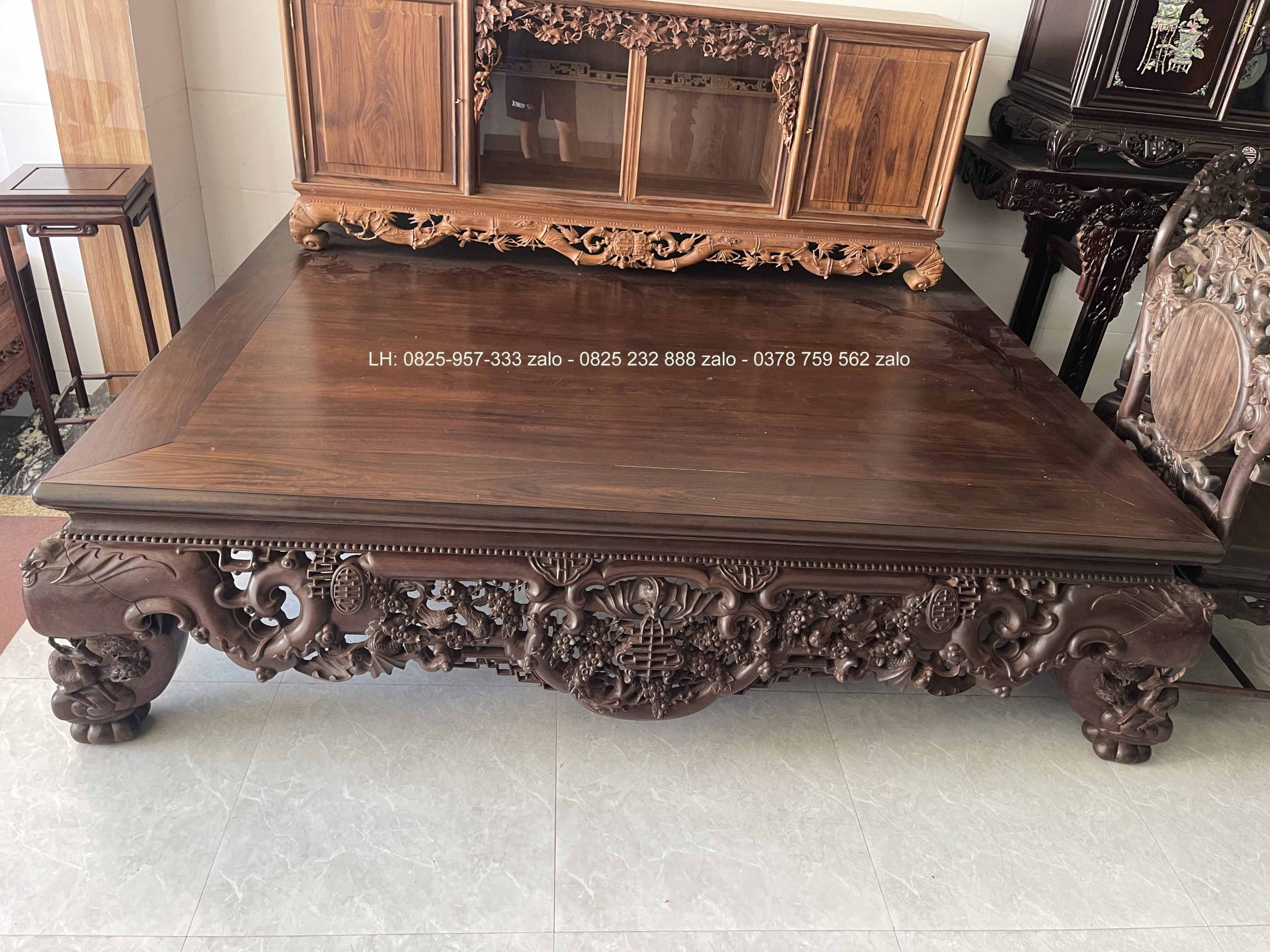 Sập Ngũ Phúc Chân Hươu 220 x 180 Cm Gỗ Gụ (19) Sập Ngũ Phúc Chân Hươu 220 x 180 Cm Gỗ Gụ