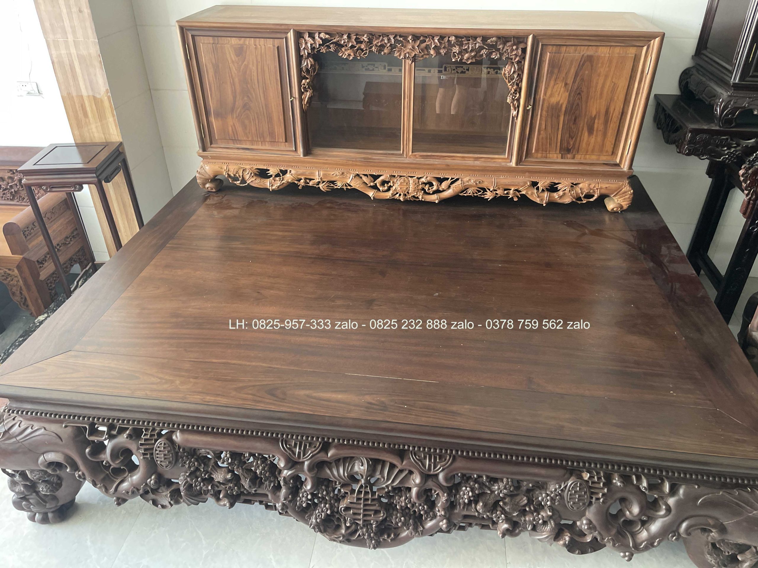 Sập Ngũ Phúc Chân Hươu 220 x 180 Cm Gỗ Gụ (3) Sập Ngũ Phúc Chân Hươu 220 x 180 Cm Gỗ Gụ